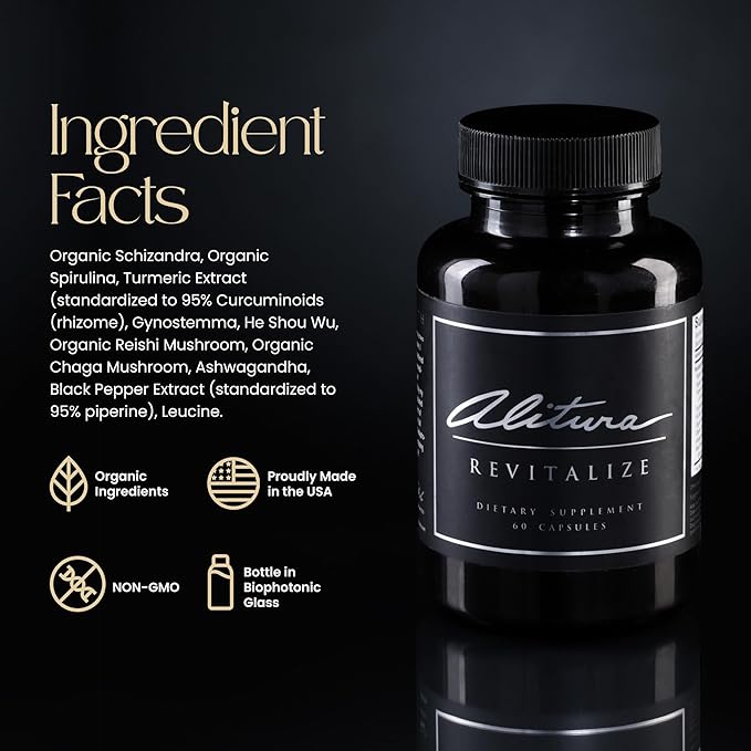 Alitura Revitalize – Organic Ashwagandha & Turmeric Supplement – Natural Energy, Mood & Recovery Support for Men & Women – Adaptogenic Herbs for Daily Wellness – 60 Capsules