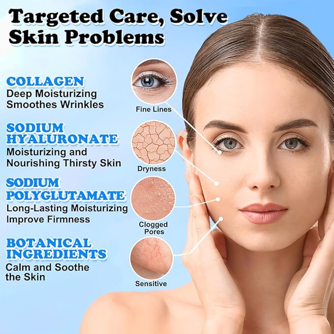Collagen Face Mask with Hyaluronic Acid, Vitamin E Oil for Skin Care Hydrating, Moisturizing, Brightening & Anti Aging Face Masks Skincare for Oil, Dry, Acne, Sensitive All Skin Types 5PCS
