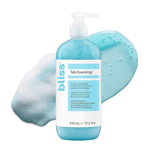 Bliss Pro Fab Foaming 2-In-1 Cleanser and Exfoliator with Bamboo Buffers - 17.2 Fl Oz - Oil-Free Gel Face Wash - Makeup Remover - Vegan & Cruelty Free