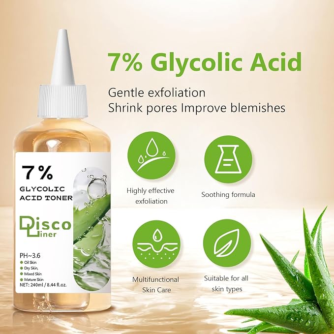 7% Glycolic Acid Exfoliating Toner, Hydrating Facial Toner, Smooth Glowing Skin, Even Skin Tone, Improve Skin Texture, Gentle Formula for Daily Use