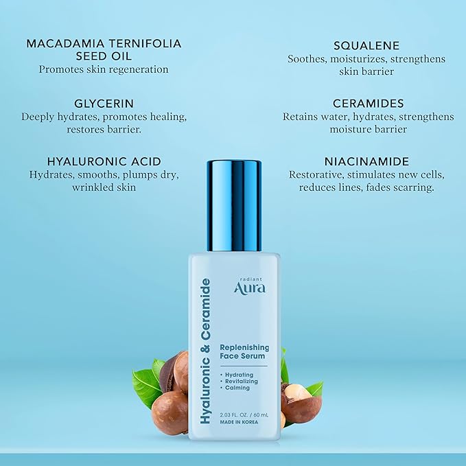 Facial Serum with Hyaluronic Acid & Ceramide - Dermatologist Tested Korean Serum for Glowing Skin - Hydrating, Calming & Skin Barrier Repair - Suitable for Sensitive Skin - 2 Fl. Oz