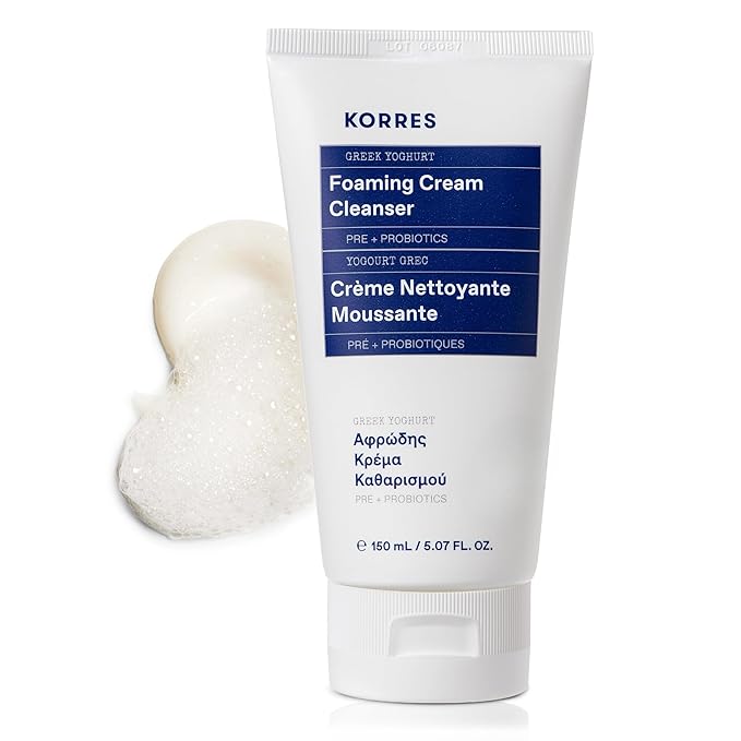 KORRES Greek Yoghurt Foaming Cream Cleanser, Hydrating, Deep Cleansing Skin Care, Makeup Remover, Face Wash for Women, Cream to Foam Facial Cleanser for Dry, Oily, Sensitive, Any Skin Type, 5.07 fl oz
