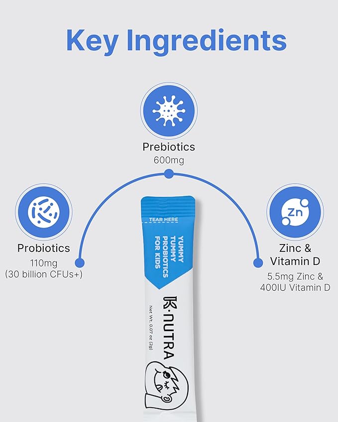 K-Nutra Yummy Tummy Probiotics for Kids | 2.12oz (30 Sticks) | 3-in-1 Prebiotic & Probiotic Powder | 30 Billion CFUs | Clinically Tested | Supports Digestive & Immune Health | for Ages 3+