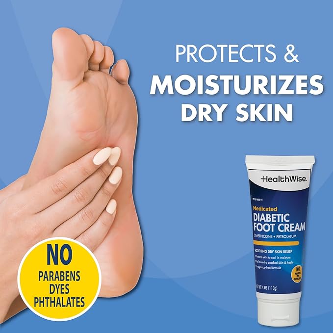 HealthWise Medicated Diabetic Foot Cream | Dimethicone + Petrolatum | Protects and Seals | Relieves Dry Heals | Paraben-Free | Odor-Free | 4.0 oz.