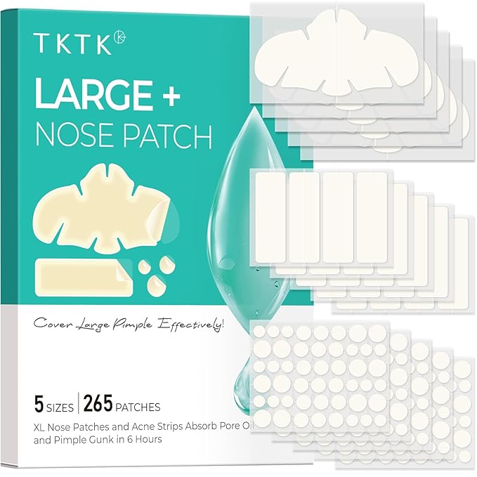 TKTK Hydrocolloid Nose Patches, XL Nose Pore Strips 91 x 48 mm, Large Hydrocolloid Acne Pimple Patches for Face, Cover Zit Blemishes & Absorb Oil (Nose Contoured, Strip, Dots 5 Sizes 265 Count)