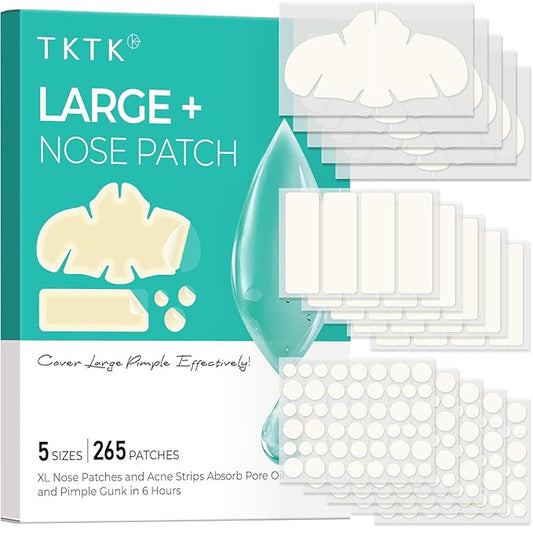 TKTK Hydrocolloid Nose Patches, XL Nose Pore Strips 91 x 48 mm, Large Hydrocolloid Acne Pimple Patches for Face, Cover Zit Blemishes & Absorb Oil (Nose Contoured, Strip, Dots 5 Sizes 265 Count)