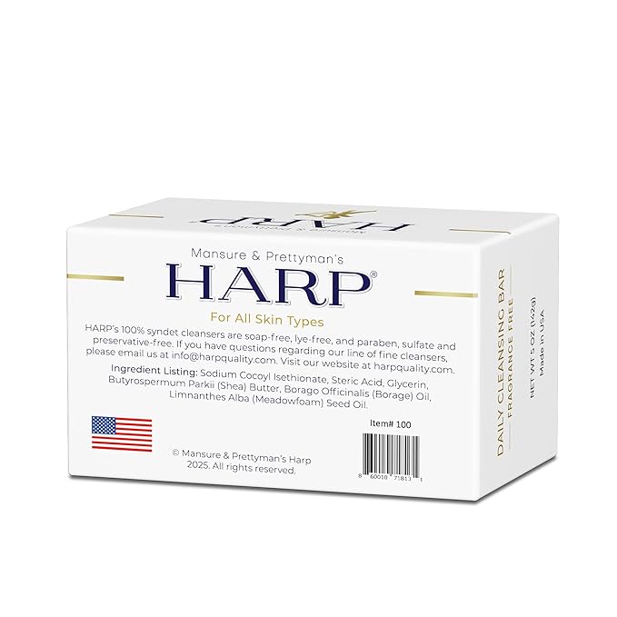 HARP pH-Balanced (5.0-6.0) Body Wash Bar - Exceptionally Gentle For Dry or Sensitive Skin + Shea Butter + Borage Oil | Non-Comedogenic | Soap-Free, Lye-Free. FRAGRANCE FREE (No Masking agents added)