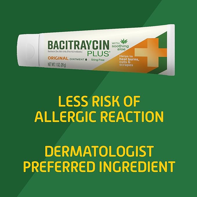 Bacitraycin Plus First Aid Antibiotic Wound Healing Ointment for Minor Cuts, Scrapes and Burns, with Bacitracin Zinc and Moisturizing Aloe Vera, Original, 1 oz, 2 Pack