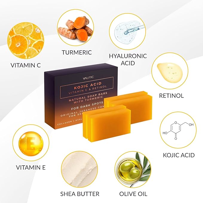 VALITIC Kojic Acid Vitamin C and Retinol Soap Bars with Turmeric for Dark Spot - Original Japanese Complex with Collagen, Hyaluronic Acid, Vitamin E (4 Pack) - with Soap Holder