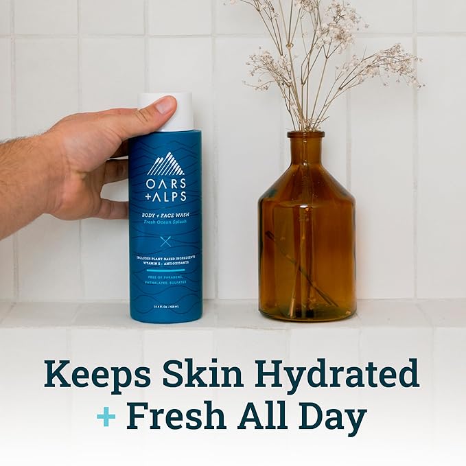 Oars + Alps Body and Face Wash for Men, Mens Body Wash with Vitamin E and Antioxidants, Moisturizing, Hydrating, Paraben & Sulfate Free Cleanser, Fresh Ocean Splash, 2pk