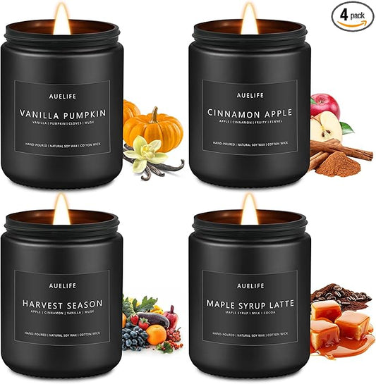 Fall Candles, 4 Pack Soy Candles Set - Autumn Scents of Vanilla Pumpkin, Cinnamon Apple, Harvest Season, Maple Syrup Latte, Aromatherapy Fall Gifts for Men & Women, Thanksgiving Home Decor