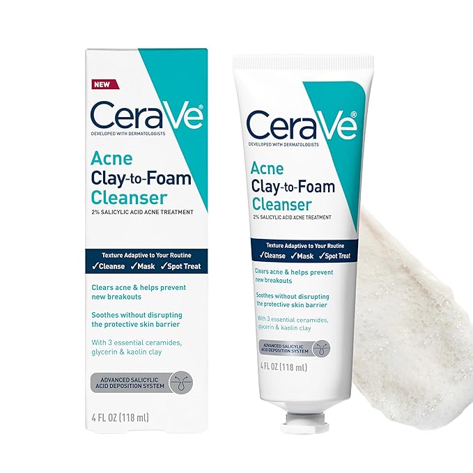 CeraVe Clay To Foam Acne Face Wash, Multi-Use Salicylic Acid & Kaolin Clay Acne Spot Treatment Clears Pimples & Blackheads, Prevents Breakouts, Hydrates & Soothes, Fragrance-Free, Non-Comedogenic, 4oz