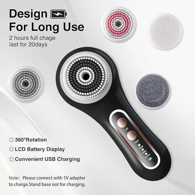 Face Scrubber Exfoliator,Facial Cleansing Brush Rechargeable IPX7 Waterproof with 5 Brush Heads,Electric Face Spin Brush for Exfoliating, Massaging and Deep Cleansing (Black Color)