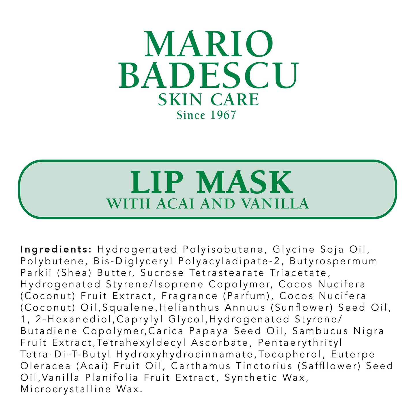 Mario Badescu Lip Mask with Acai and Vanilla for All Skin Types, Overnight Lip Treatment Enriched With Skin Softening Coconut Oil and Hydrating Shea Butter, 0.5 Ounces