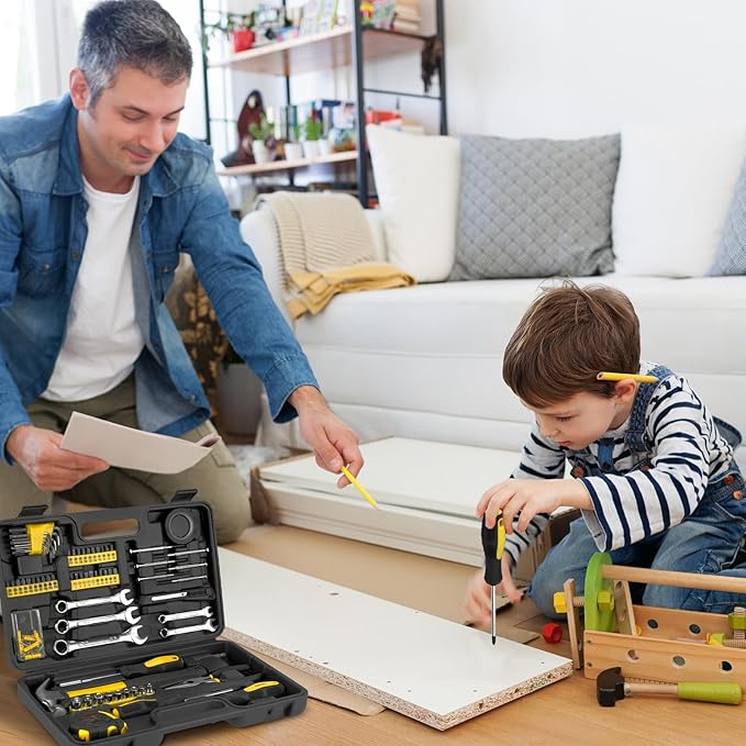 149-Piece Automotive and Household Tool Set, Small Tool Kit for Car Enthusiasts，DIY Home Repairs, Beginners, and Household Maintenance (Yellow)