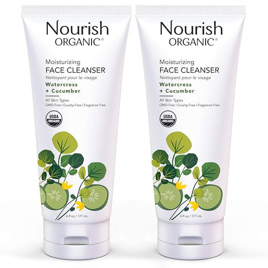 Nourish Organic Moisturizing Face Cleanser for All Skin Types, Watercress + Cucumber Face Wash, Fragrance-Free, 6 Oz (Pack of 2)