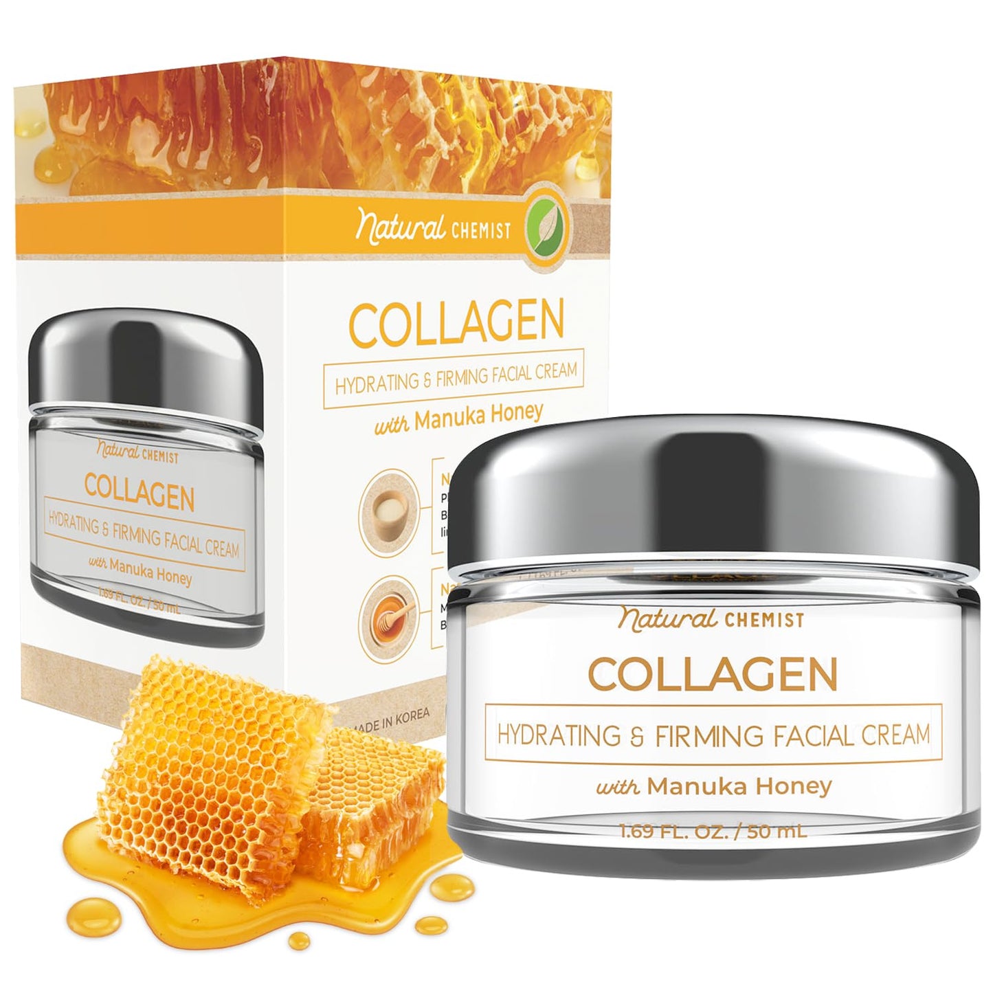 Natural Chemist Collagen & Manuka Honey Daily Face Moisturizer - Balances pH, Anti-Aging, Skin Firming, Dermatologist Tested, Cruelty Free Korean Skin Care For All Skin Types - 1.69 fl. oz
