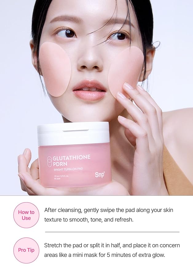 Snp 99% Glutathione + PDRN + Niacinamide Facial Toner Pads | Treat Blemishes Exfoliating Pad | LHA, PHA Acne Pad | Bamboo & Vitamin C, E, Ferulic Acid Double-Sided Patch | Korean Face Pads | 60 Sheets