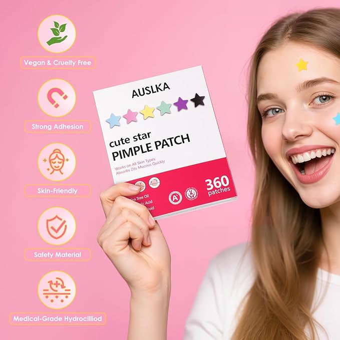 AUSLKA Star Pimple Patches (360 Pcs) Cute Zit Patches for Face, Star Spot Stickers with Salicylic Acid, Hydrocolloid Pimple Patches Absorb Fluid Quickly, Star Blemish Patches for Skin Care, Vegan