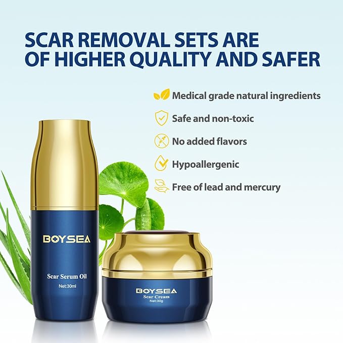 Scar Cream & Serum Oil, Advanced Scar Removal Set, Reduces Appearance of Keloids, C-Sections, Surgeries, Burns, Acne, 2 x 1.06 Oz Bottles