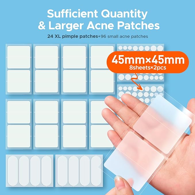 TKTK Hydrocolloid Bandages, 45 x 45 mm Large Pimple Patches for Face, XL Acne Patches for Body, Back, Forehead, Cheek Zit Breakouts, Big Hydrocolloid Patch (Square, Strip, Dot 5 Sizes 120 Count)