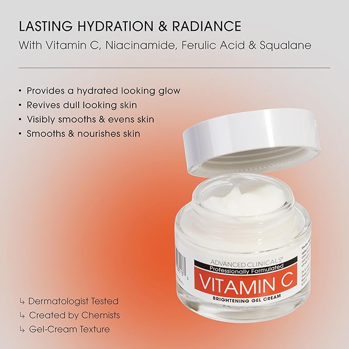 Advanced Clinicals Brightening Vitamin C Face Cream Gel With Niacinamide + Hyaluronic Acid | Vitamin C Moisturizer Lotion For Face Visibly Diminishes Look Of Dark Spots & Uneven Skin Tone, 2.5 Fl Oz