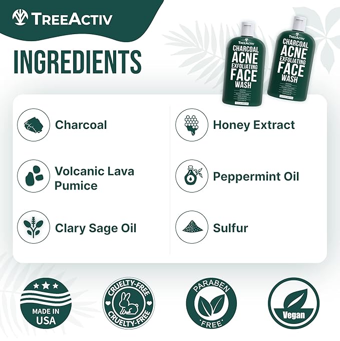 TreeActiv Acne Charcoal Face Wash 3.4 oz, Exfoliating Daily Honey & Sulfur Face Wash - Sulfur Acne Treatment Cleanser Face Soap, Mens Face Wash, Deep Cleansing Moisturizing Face Wash for Women and Men