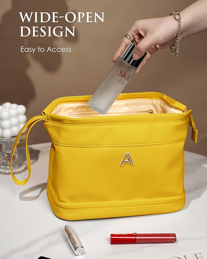 Womens Gift, Initial Makeup Bag, Travel Gifts, Personalized Bags, Waterproof Double Layer Cosmetic Bag, Large Capacity PU Leather Makeup Bags Letter Travel Toiletry Bag, Friend Gifts