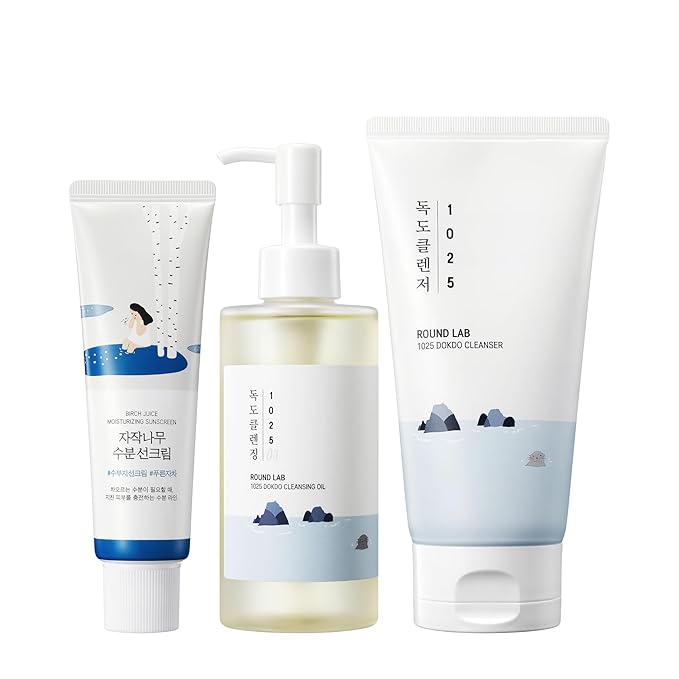 ROUND LAB Birch Juice Moisturizing UV LOCK + Dokdo Cleansing Oil + Dokdo Cleanser, Deep Moisturizing Makeup Blackhead Impurities Remover, Korean Skincare