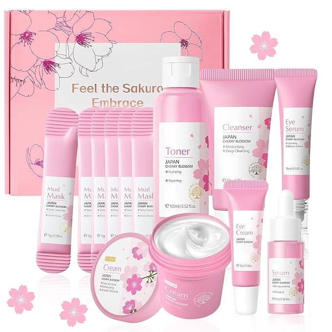 Sakura Skin Care Set, Skin Care for Women Teens Girls, Beauty Skincare Gifts Sets, Skin Care Routine Kit for Women, Hydrate, Oil Control, Glow Up, Travel Size -7 PCS