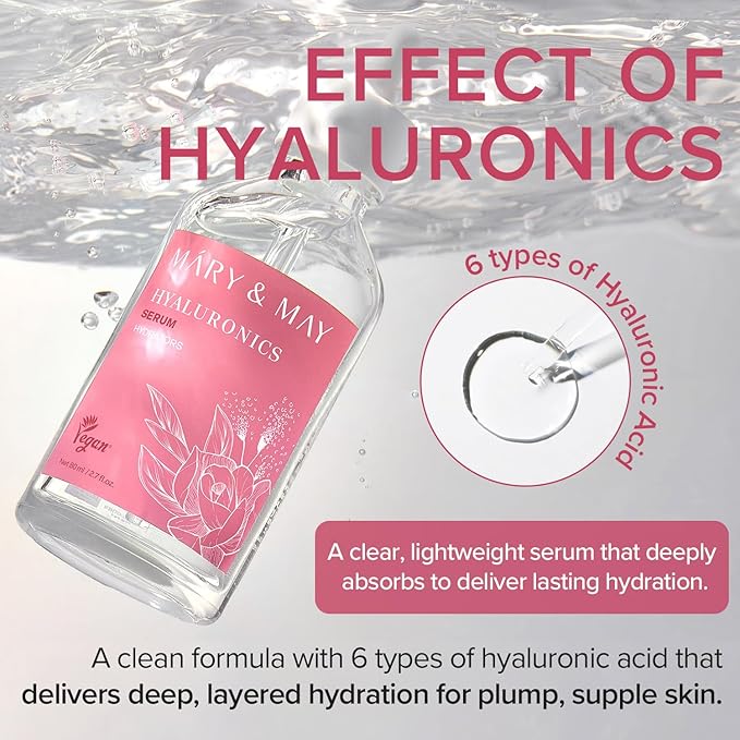 Mary&May Hyaluronics Serum with 6 Types of Hyaluronic Acid Complex for Deep Hydration and Moisture Retention - Fragrance Free, EWG Verified, Cruelty-Free for Dry Dehydrated Skin 2.71 fl.oz.