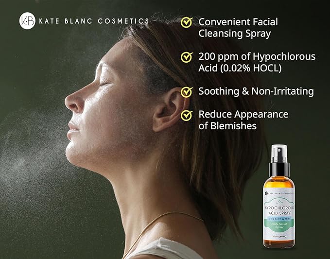 Kate Blanc Cosmetics Hypochlorous Acid Spray for Face and Skin. Gentle Facial Cleanser with .02% HOCl (2oz)