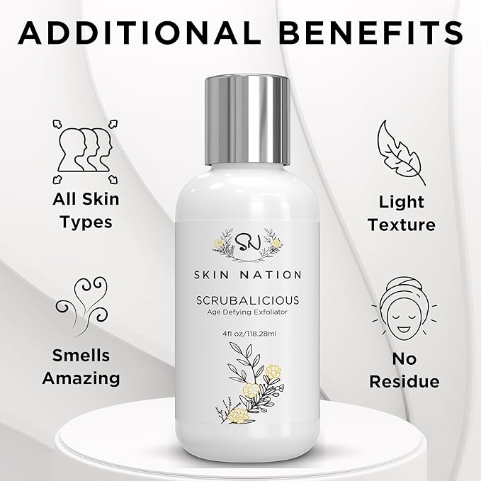 Skin Nation Scrubalicious Exfoliator, Gentle Face Scrub with Glycolic Acid, Jojoba Beads, Aloe Vera, Smooths Rough Skin, Hydrating Cleanser for Oily and Sensitive Skin, 4 oz