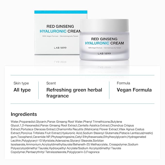 Donginbi LAB 1899 Red Ginseng Hyaluronic Cream - Deep Hydrating Cream for Dry Skin, Face Moisturizer with Hyaluronic Acid, Korean Red Ginseng, Korean Skin Care Gifts for Women, 1.69 floz