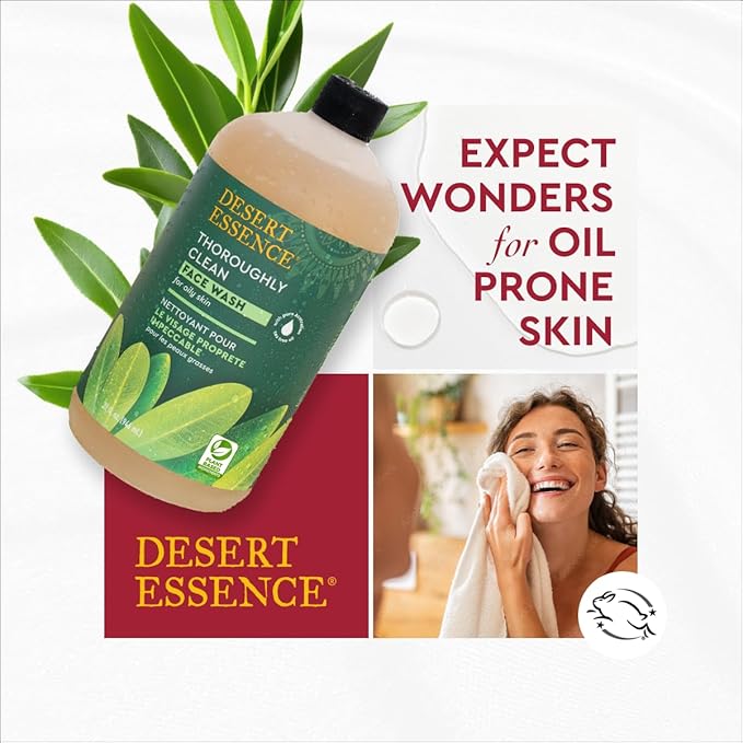 Desert Essence Thoroughly Clean Face Wash with Tea Tree Oil, Castile Soap and Coconut Oil - Organic Facial Cleanser for Sensitive and Oily Skin, Vegan & Cruelty-Free, 32 fl oz