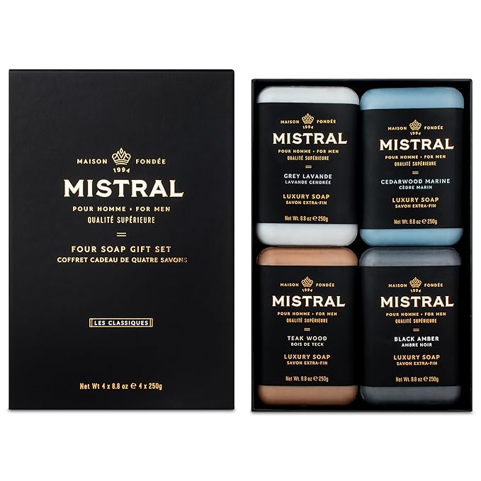 Mistral Men’s Luxury Bar Soap for Men | Gift Set (4 x 8.8 oz) – Grey Lavande, Cedarwood Marine, Teak Wood, Black Amber | Moisturizing, Triple-Milled Natural Soap for Men - Made in France
