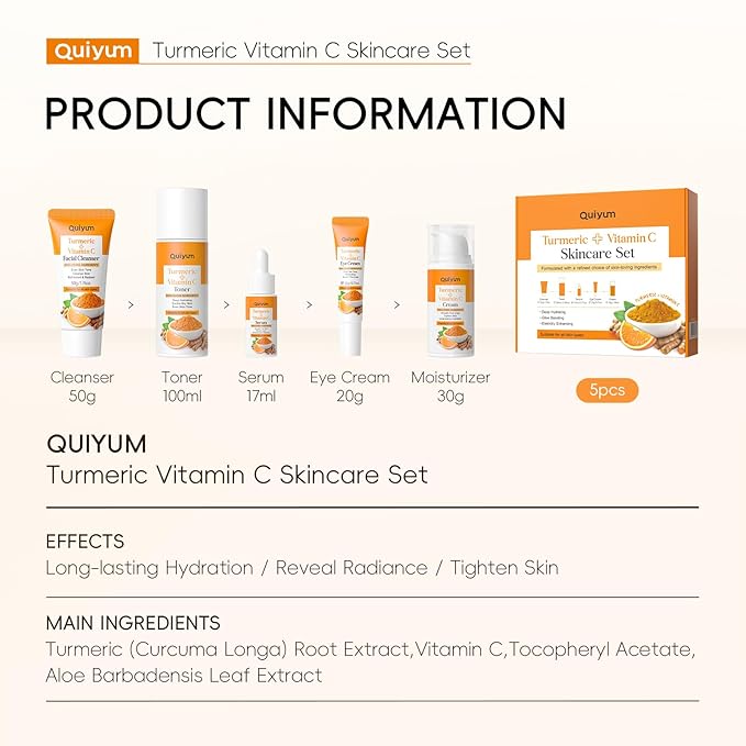 Skin Care Set, Turmeric Vitamin C Skincare Kits 5PCS - Beauty Skin Care for Women, Facial Skin Care Routine Set Kit, Dark Spot Remover for Face, Reduce Acne, for Oily Skin