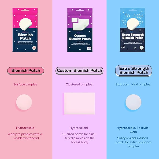 HANHOO Blemish Patch, 432 count, 12 pk, includes hydrocolloid pimple patches that shrink pimples, absorb fluid, and protect from finger-picking and dirt. Invisible acne spot patches for clear skin.