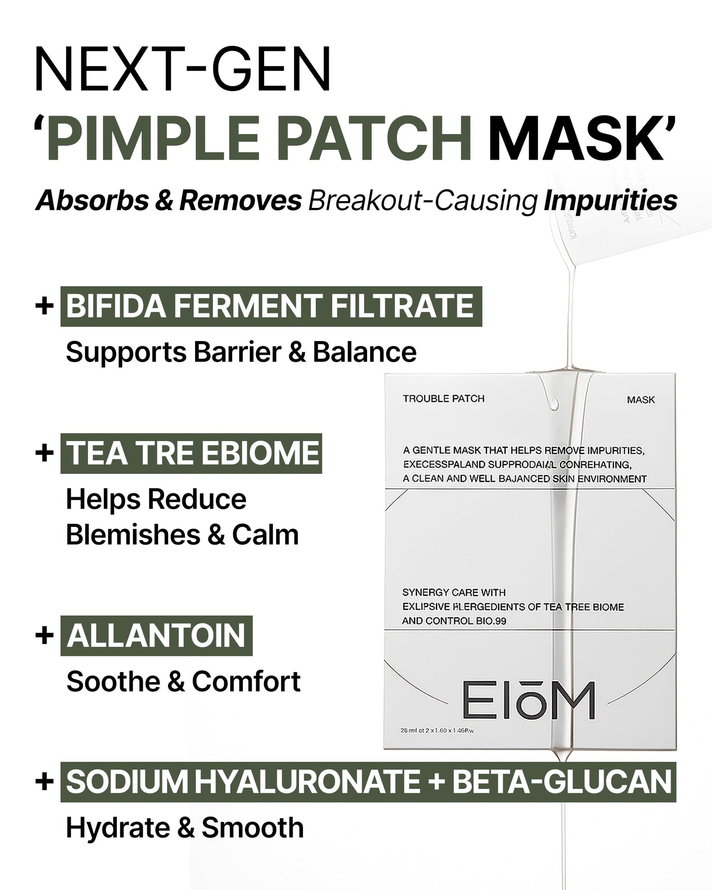 EIOM Trouble Patch Mask | Korean Face Mask – Hydrating & Acne Face Mask for Blemish-Prone Skin, Calming Skincare & Oil Control Sheets (20ml x 4)