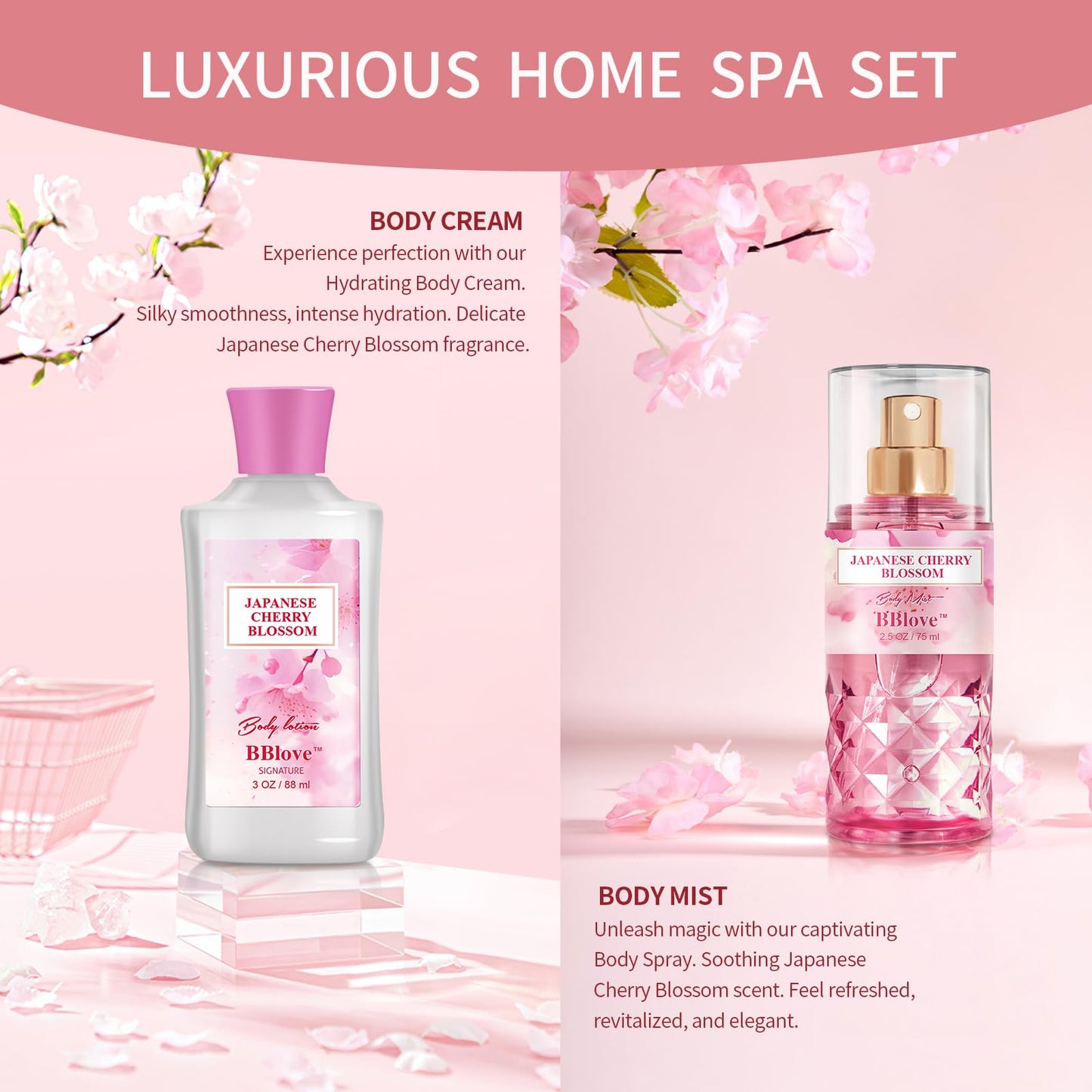BBlove Japanese Cherry Blossom Bath and Body Gift Set - 2-Piece Travel Skincare Essentials (3oz Body Lotion + 2.5oz Fragrance Mist) Lightweight Hydrating Duo, Holiday Gift Set