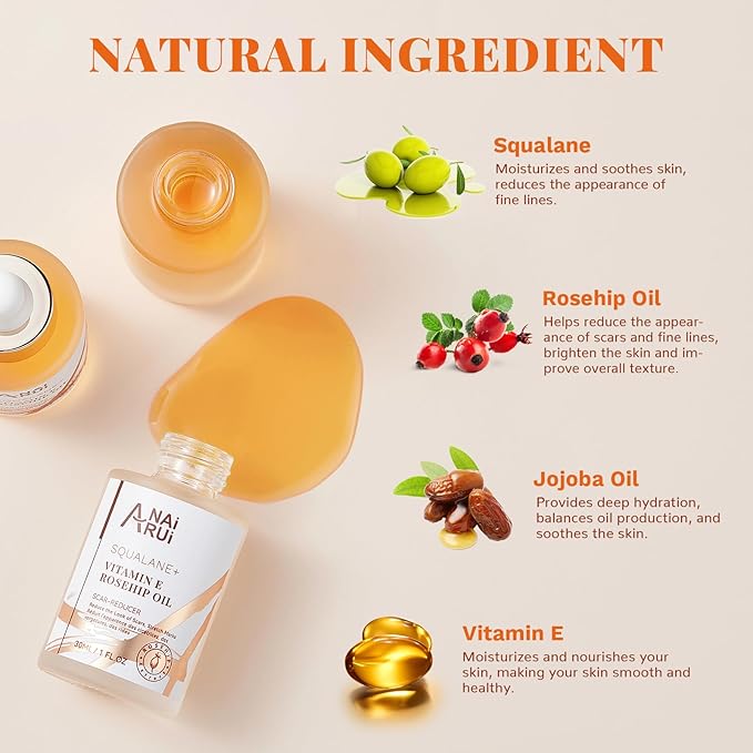 ANAI RUI Squalane + Vitamin E Rosehip Oil Moisturizer for Face Hydrate, Reduce Scars and Stretch Marks, Wrinkles for Smoother, Softer Skin 1 fl. Oz