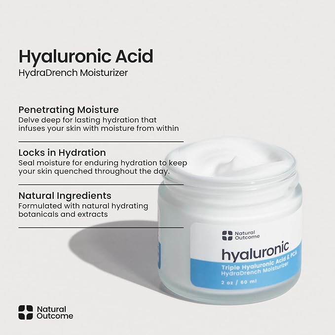 Natual Outcome - Hyaluronic Acid Moisturizer Face Cream for Skin, Daily Day & Night Hydrating Lotion Triple Hyaluronic Acid & PCA - Vegan, Cruelty Free, Fragrance Free 2 OZ