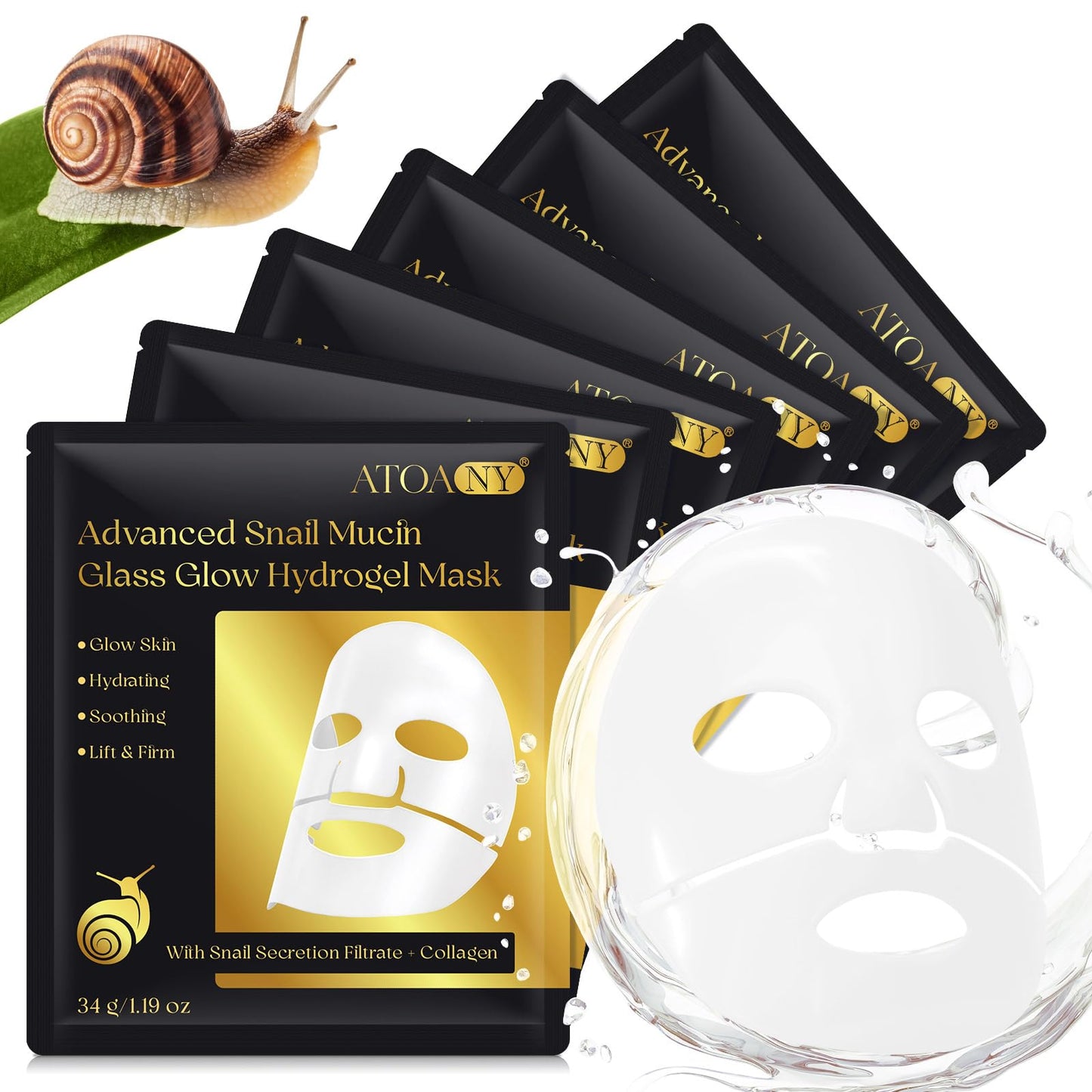 Snail Mucin Mask - Collagen Face Mask, Hydrating Mask Sheet with Hyaluronic Acid, Anti Wrinkle Anti Aging Deep Moisturizing Natural Snail Mucin Serum Daily Treatment for Dry, Sensitive Skin (6 PCS)