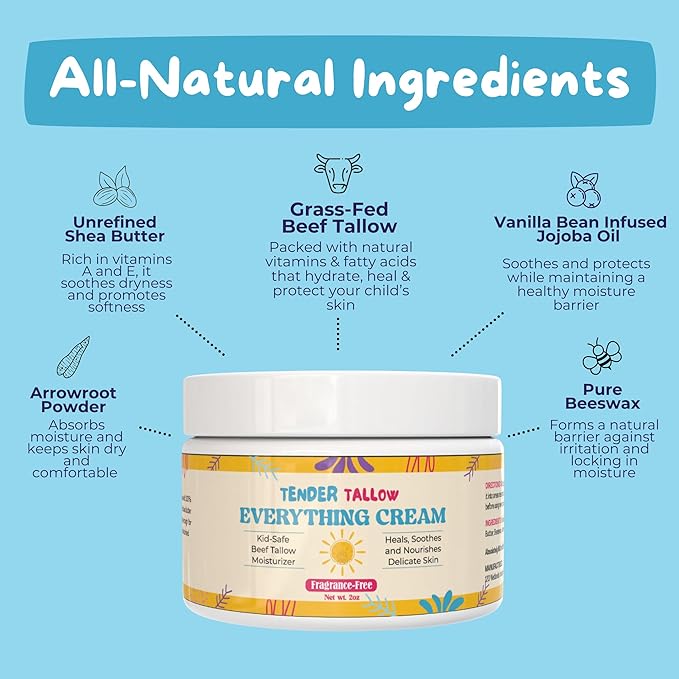 100% Grass Fed Beef Tallow Cream for Babies and Kids - All-Natural, Moisturizing Healing Lotion - Hypoallergenic, 2oz (2 oz., Fragrance-Free)