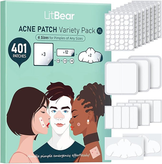 LitBear Large Pimple Patches for Face (6 Sizes 401 Counts), Big Hydrocolloid Acne Patches, XL Hydrocolloid Bandages for Body, Cheek, Forehead, Chin, Full Face, Back, Nose