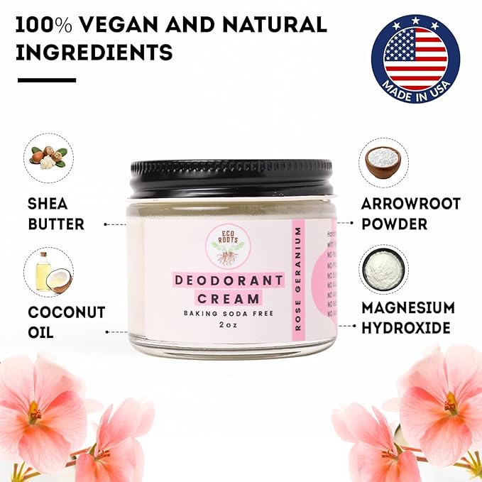 ECO ROOTS Natural Deodorant for Women & Men | Organic Deodorant Cream Non Aluminum | Baking Soda Free Healthy Deoderant for Body & Private Parts | All Vegan Pit Paste Zero Sweat | Rose Geranium Scent