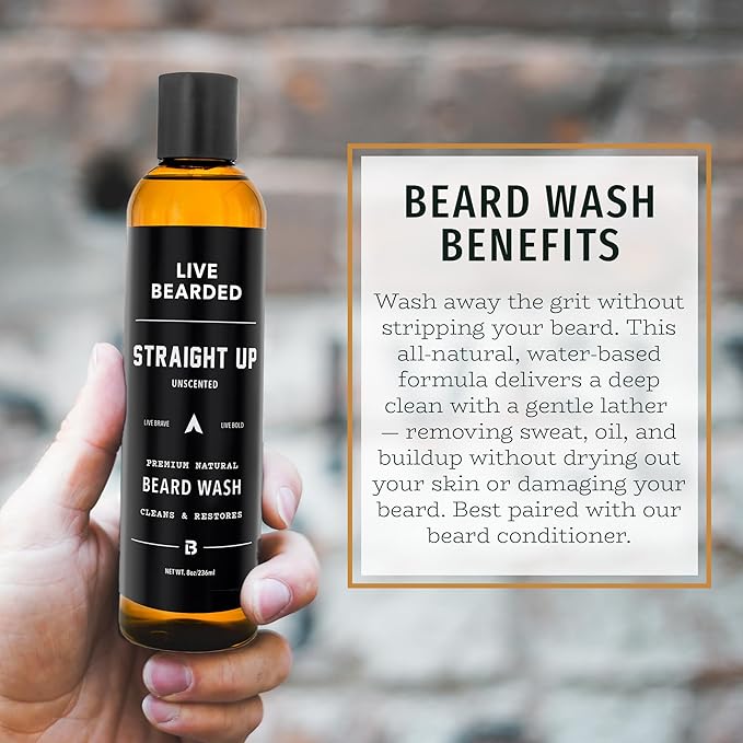 Live Bearded Beard Wash, 8 fl oz - Water-Based Face Cleanser with All-Natural Ingredients for a Gentle, Deep Clean - Made in the USA | Straight Up Unscented - Fragrance-Free