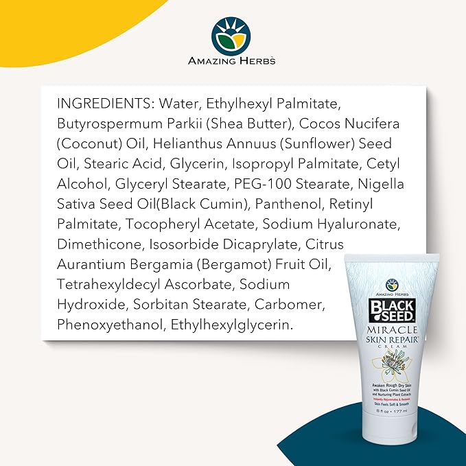 Amazing Herbs Black Seed Miracle Skin Repair Cream - Non-Allergenic Formula, Black Cumin Seed Oil, Vitamin E, and Other Essential Oils Support Collagen & Elastin Production - 6 Fl Oz