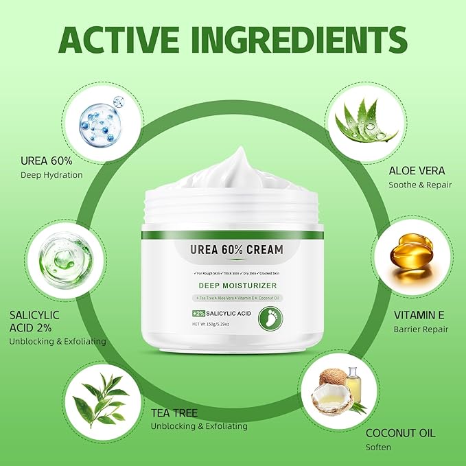 Urea Cream 60 Percent for Feet, Urea Foot Cream for Dry Cracked Heels and Feet, Cracked Heel Repair Cream, Foot Moisturiser, 5.29oz/150g