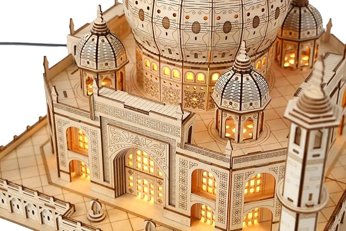 3D Wooden Puzzles for Adults 388pcs LED Light Taj Mahal Castle DIY Wooden Assembly Kit for Teens Home Decor